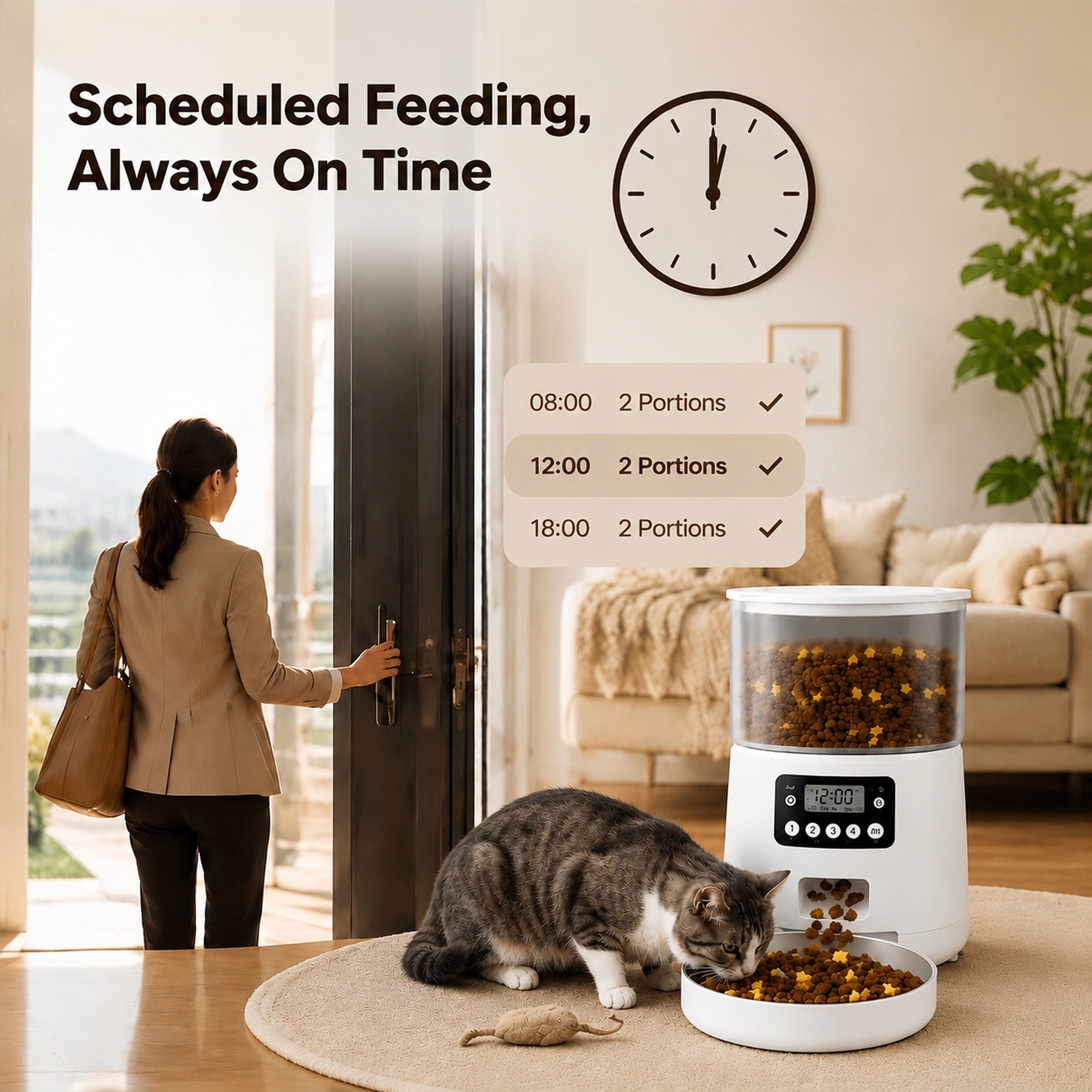 Cat using a white PawMeal feeder