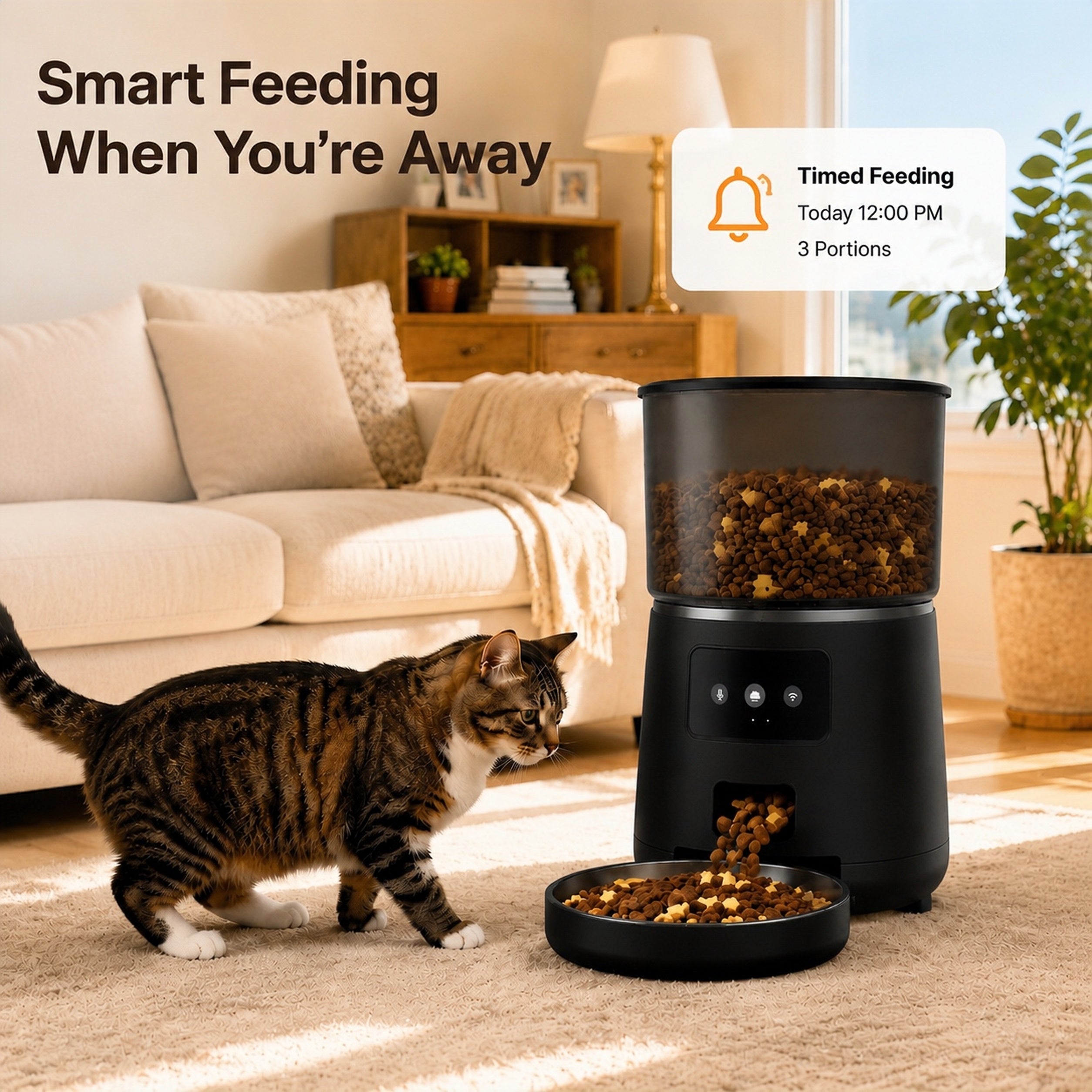 Cat beside a black PawMeal smart feeder