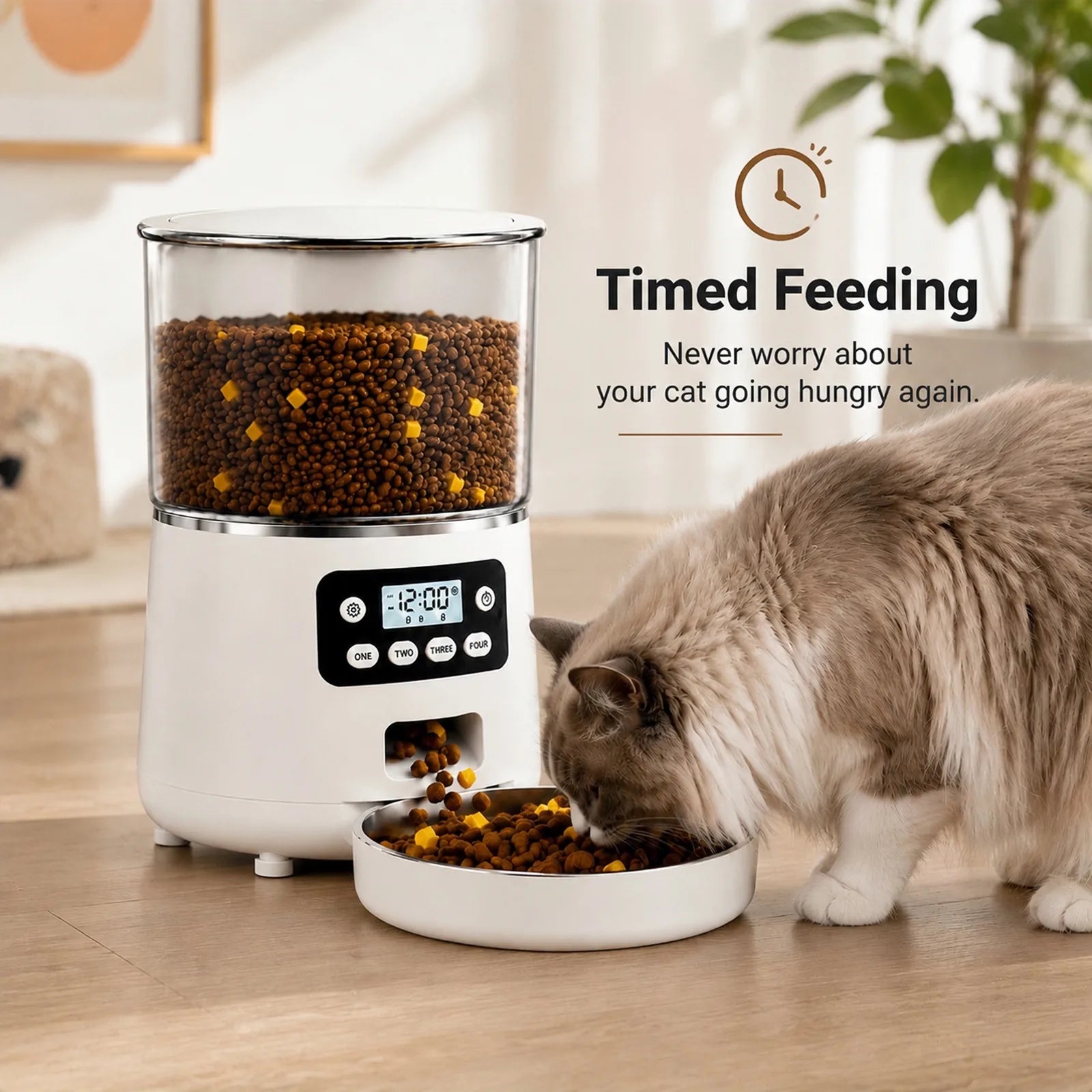 Cat eating from a PawMeal feeder at home